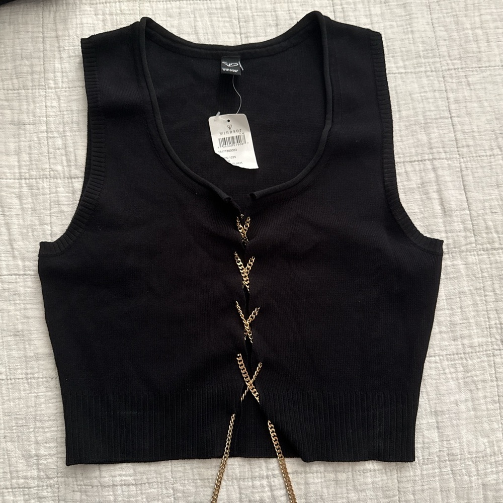 Windsor Black Tank Top with Gold Chain Accents